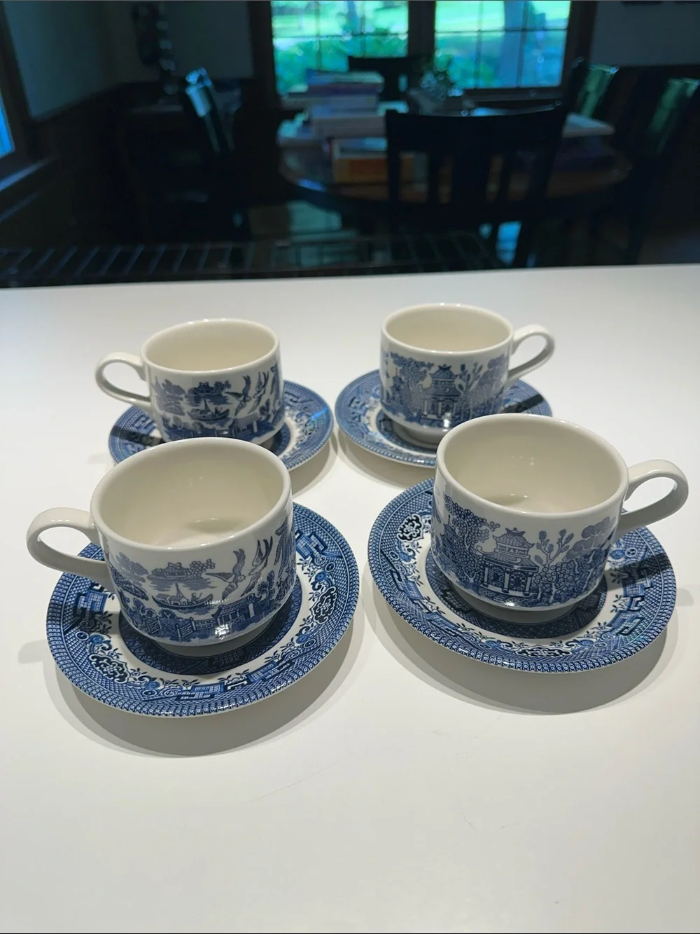 Vintage Blue Willow Porcelain Teacup & Saucer Set (4) by Churchill England
